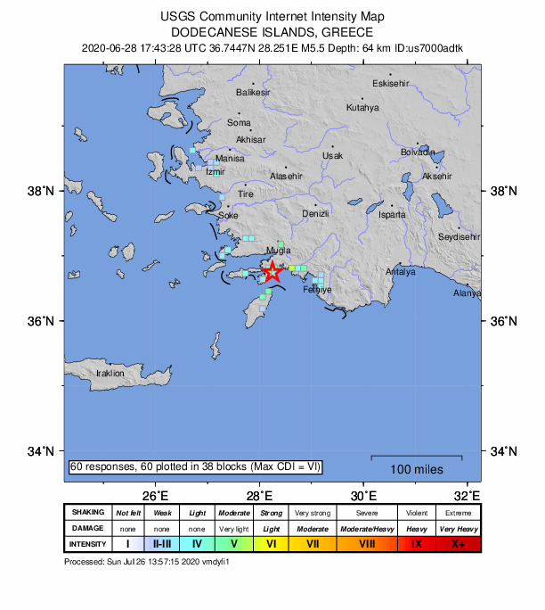 USGS DYFI community-reported intensity map for the M5.4 earthquake near 5 km SSE of ?çmeler, Turkey