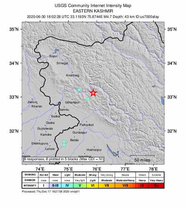 USGS DYFI community-reported intensity map for the M4.7 earthquake near 21 km NE of Bhadarw?h, India