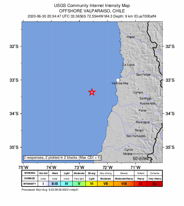 USGS DYFI community-reported intensity map for the M4.3 earthquake near 90 km WNW of Cartagena, Chile