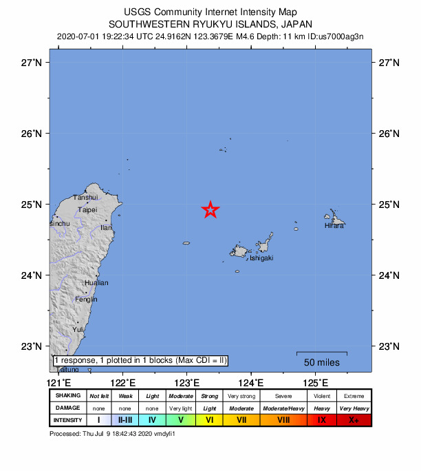 USGS DYFI community-reported intensity map for the M4.6 earthquake near 62 km NE of Yonakuni, Japan