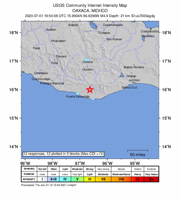 USGS DYFI community-reported intensity map for the M4.9 earthquake near 3 km SW of San Agustín Loxicha, Mexico