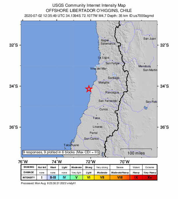 USGS DYFI community-reported intensity map for the M4.7 earthquake near 76 km SW of San Antonio, Chile