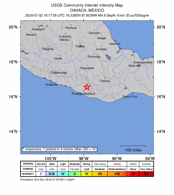 USGS DYFI community-reported intensity map for the M4.9 earthquake near 10 km SSE of La Reforma, Mexico