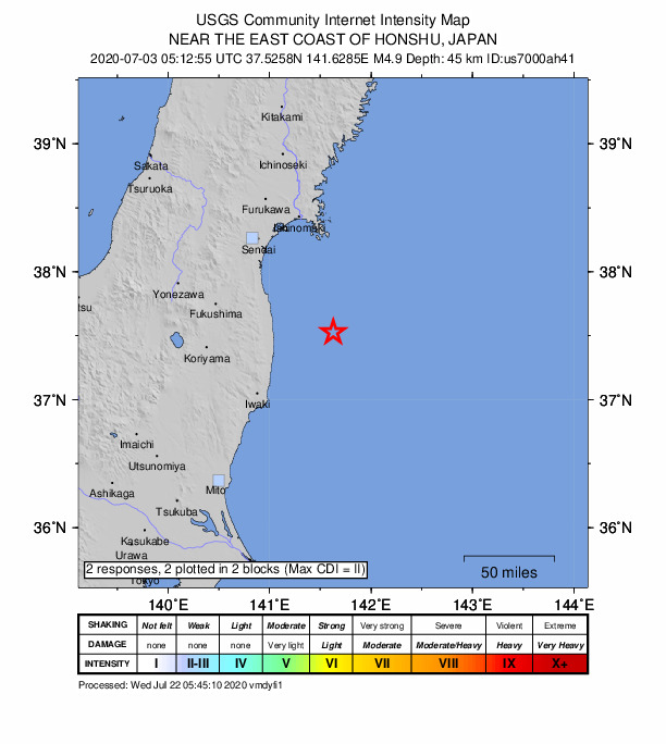 USGS DYFI community-reported intensity map for the M4.9 earthquake near 55 km E of Namie, Japan