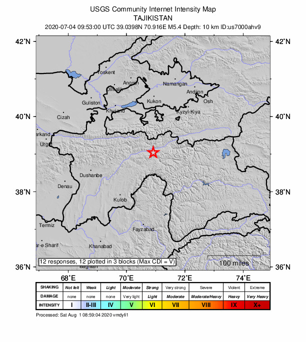 USGS DYFI community-reported intensity map for the M5.4 earthquake near 47 km E of Rasht, Tajikistan