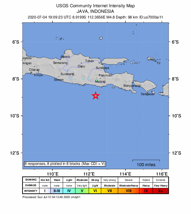 USGS DYFI community-reported intensity map for the M4.8 earthquake near 86 km S of Sumberpucung, Indonesia