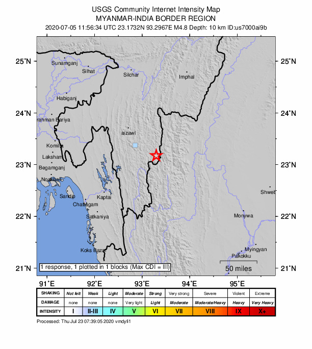 USGS DYFI community-reported intensity map for the M4.8 earthquake near 24 km E of North Vanlaiphai, India