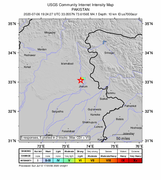 USGS DYFI community-reported intensity map for the M4.1 earthquake near 16 km SW of New Mirpur, Pakistan