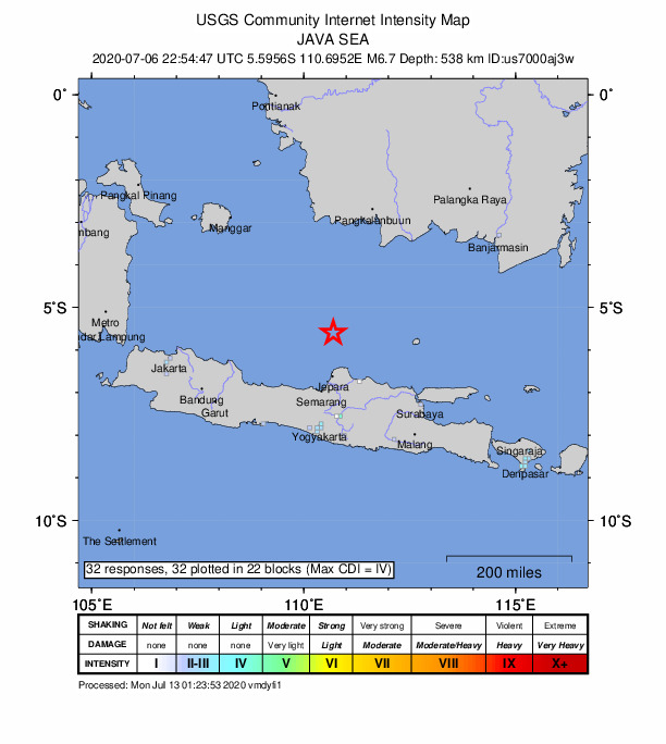 USGS DYFI community-reported intensity map for the M6.6 earthquake near Java Sea