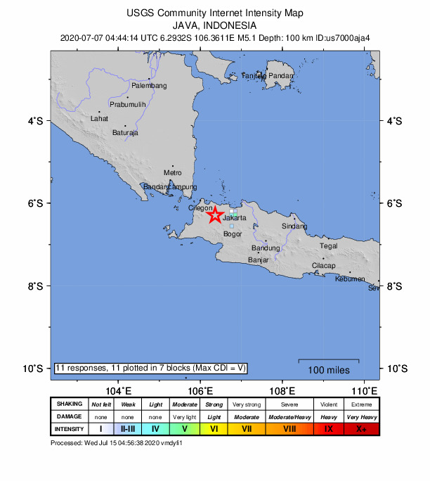 USGS DYFI community-reported intensity map for the M5.1 earthquake near 11 km ENE of Rangkasbitung, Indonesia