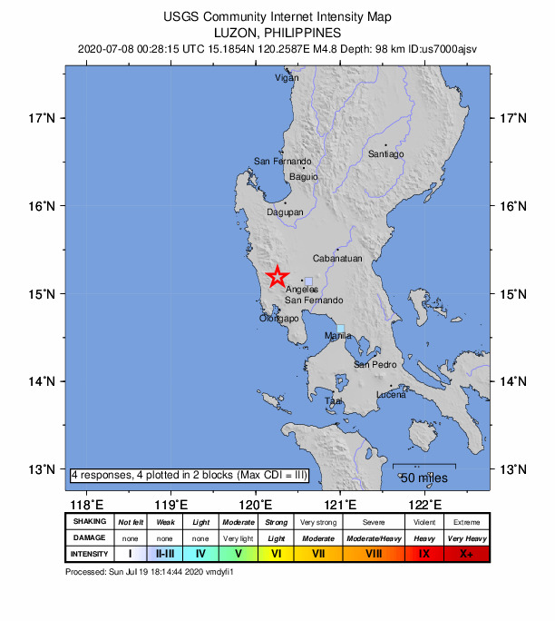 USGS DYFI community-reported intensity map for the M4.8 earthquake near 20 km NNE of Santa Fe, Philippines