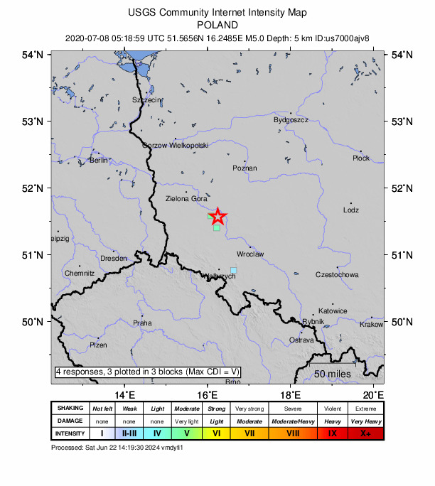 USGS DYFI community-reported intensity map for the M5.0 earthquake near 6 km N of Rudna, Poland