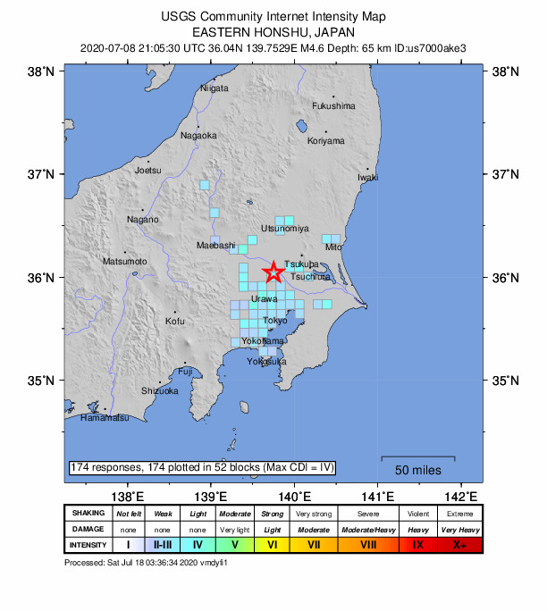 USGS DYFI community-reported intensity map for the M4.6 earthquake near 2 km ENE of Sugito, Japan