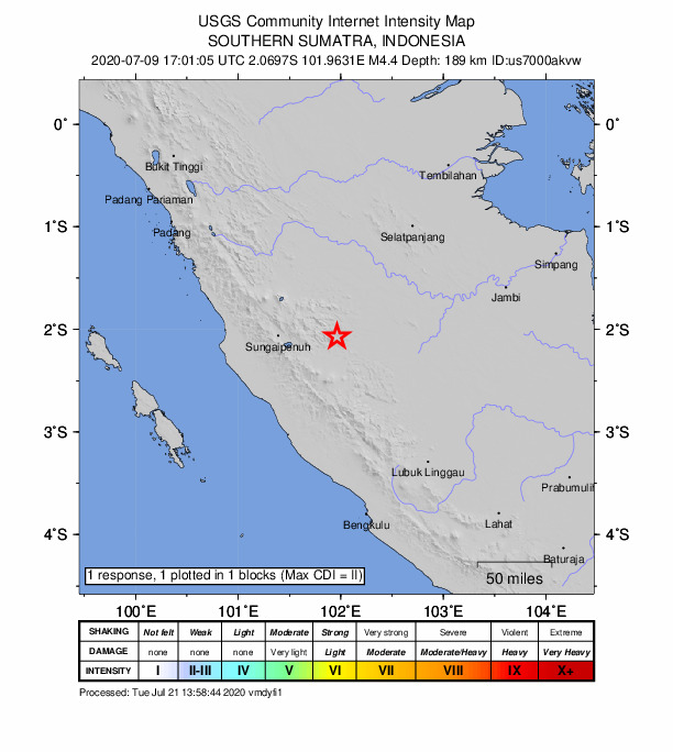 USGS DYFI community-reported intensity map for the M4.4 earthquake near 63 km E of Sungai Penuh, Indonesia