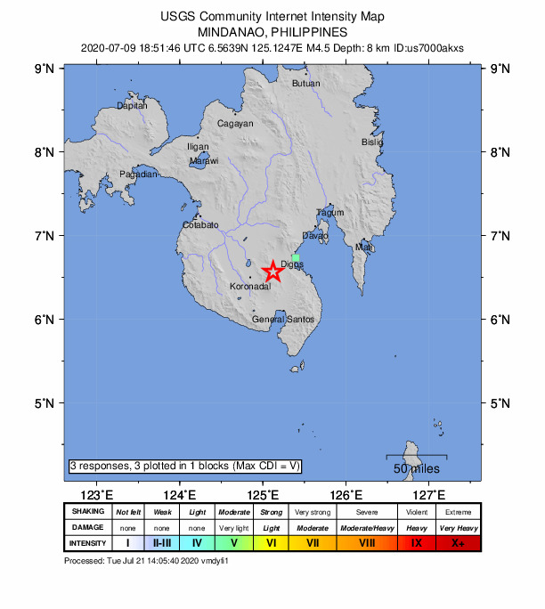 USGS DYFI community-reported intensity map for the M4.5 earthquake near 9 km NNE of Tampakan, Philippines