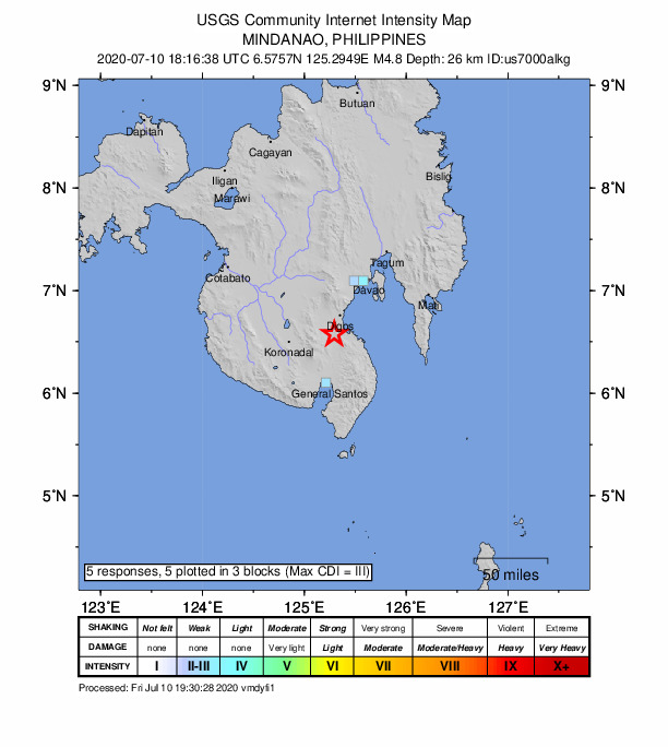 USGS DYFI community-reported intensity map for the M4.8 earthquake near 4 km SSE of Malinao, Philippines