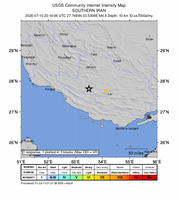 USGS DYFI community-reported intensity map for the M4.9 earthquake near 63 km W of Ger?sh, Iran