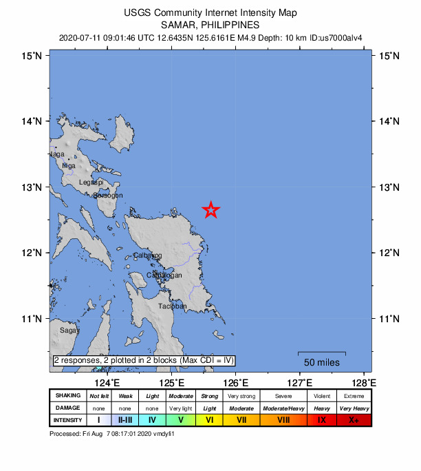USGS DYFI community-reported intensity map for the M4.9 earthquake near 41 km ENE of Anito, Philippines