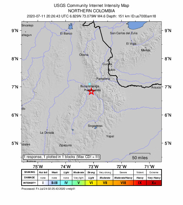 USGS DYFI community-reported intensity map for the M4.6 earthquake near 10 km N of Jordán, Colombia