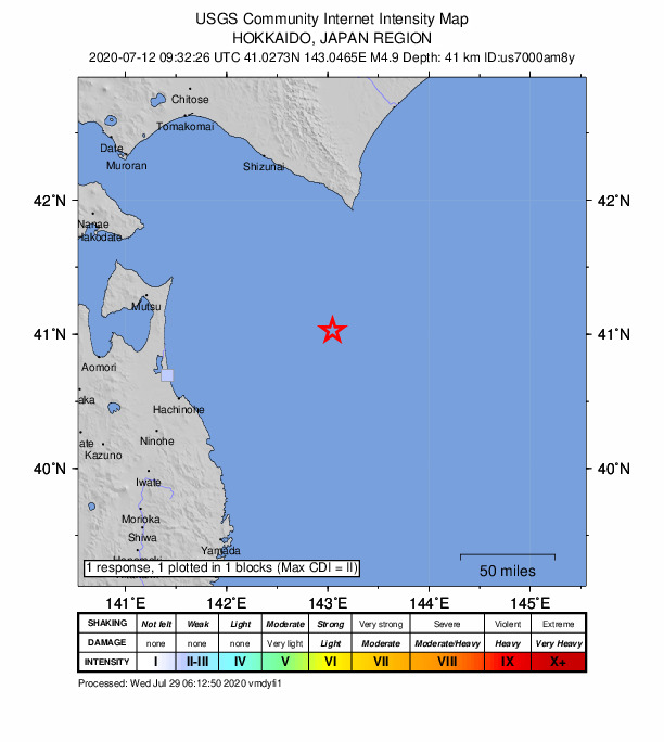 USGS DYFI community-reported intensity map for the M4.9 earthquake near 143 km ENE of Hachinohe, Japan