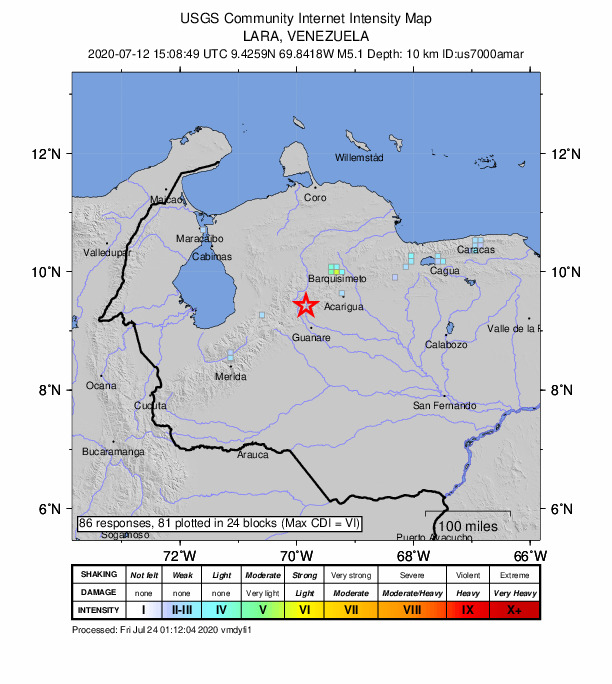 USGS DYFI community-reported intensity map for the M5.1 earthquake near 41 km S of El Tocuyo, Venezuela
