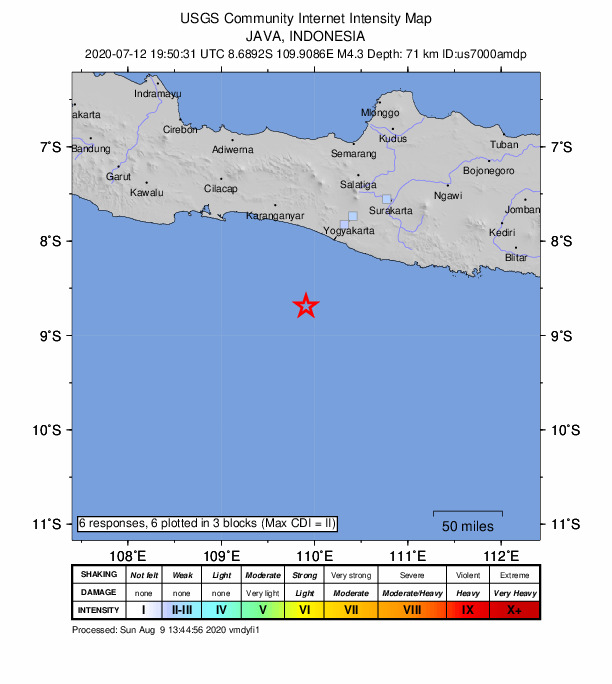 USGS DYFI community-reported intensity map for the M4.3 earthquake near 90 km SSW of Srandakan, Indonesia