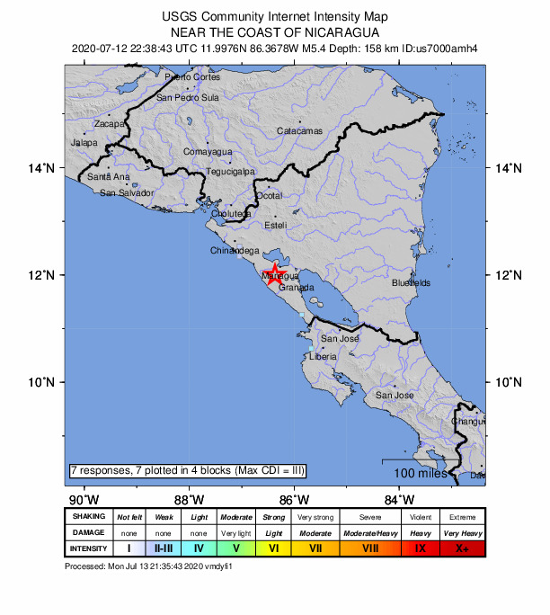 USGS DYFI community-reported intensity map for the M5.4 earthquake near 5 km WNW of El Crucero, Nicaragua