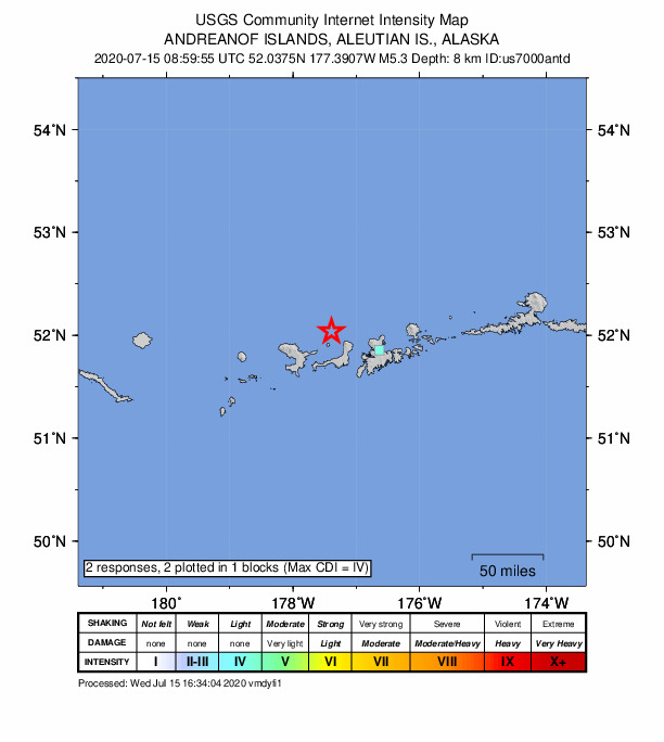 USGS DYFI community-reported intensity map for the M5.2 earthquake near 52 km WNW of Adak, Alaska