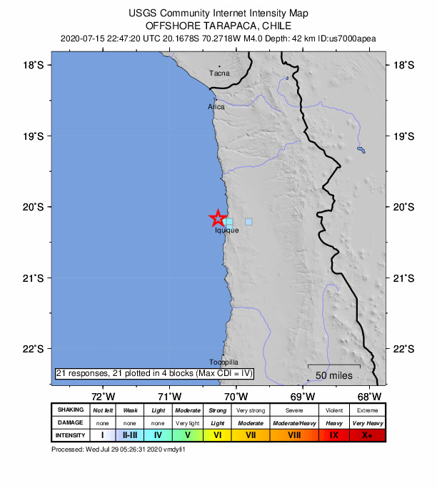 USGS DYFI community-reported intensity map for the M4.0 earthquake near 13 km WNW of Iquique, Chile