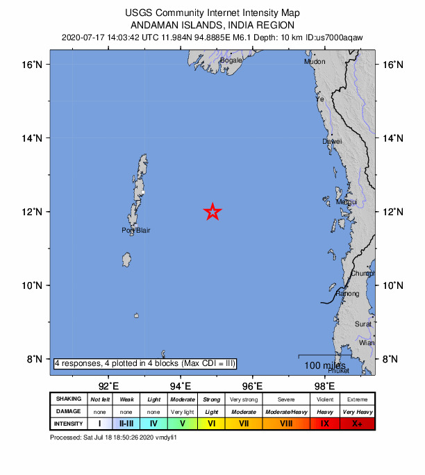 USGS DYFI community-reported intensity map for the M6.1 earthquake near 239 km E of Port Blair, India