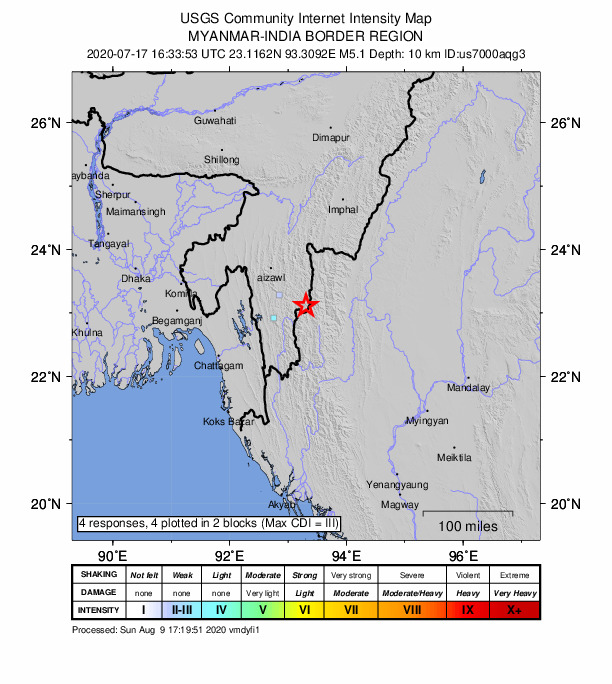 USGS DYFI community-reported intensity map for the M5.1 earthquake near 25 km E of North Vanlaiphai, India