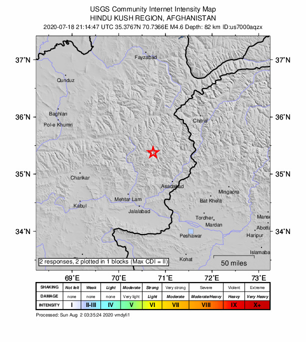USGS DYFI community-reported intensity map for the M4.6 earthquake near 17 km WSW of P?r?n, Afghanistan