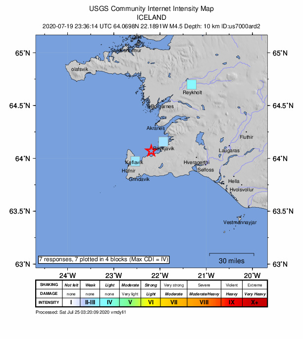 USGS DYFI community-reported intensity map for the M4.5 earthquake near 9 km WSW of Álftanes, Iceland