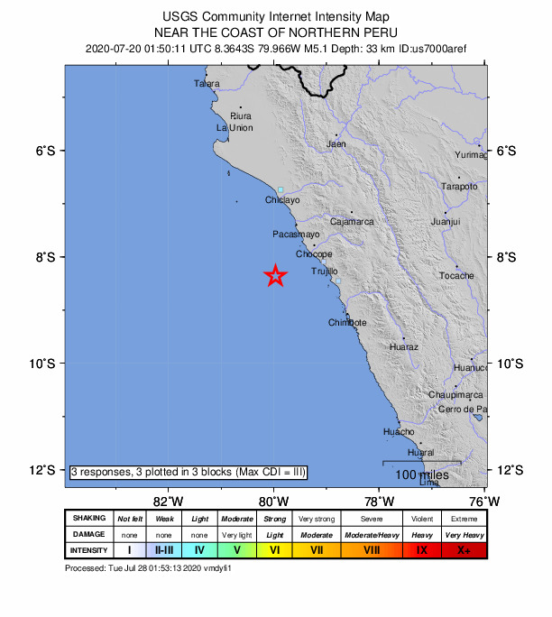 USGS DYFI community-reported intensity map for the M5.1 earthquake near 92 km WSW of Santiago de Cao, Peru