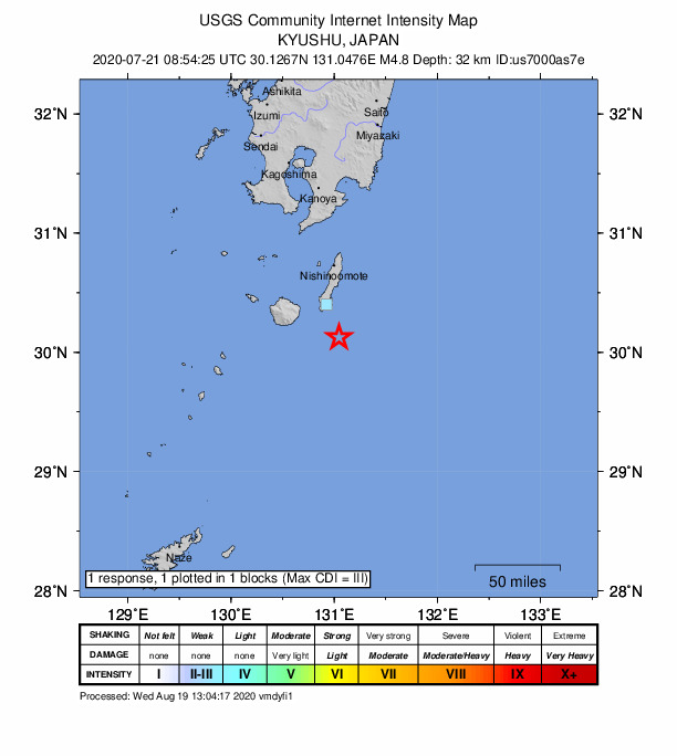 USGS DYFI community-reported intensity map for the M4.8 earthquake near 48 km SE of Koseda, Japan