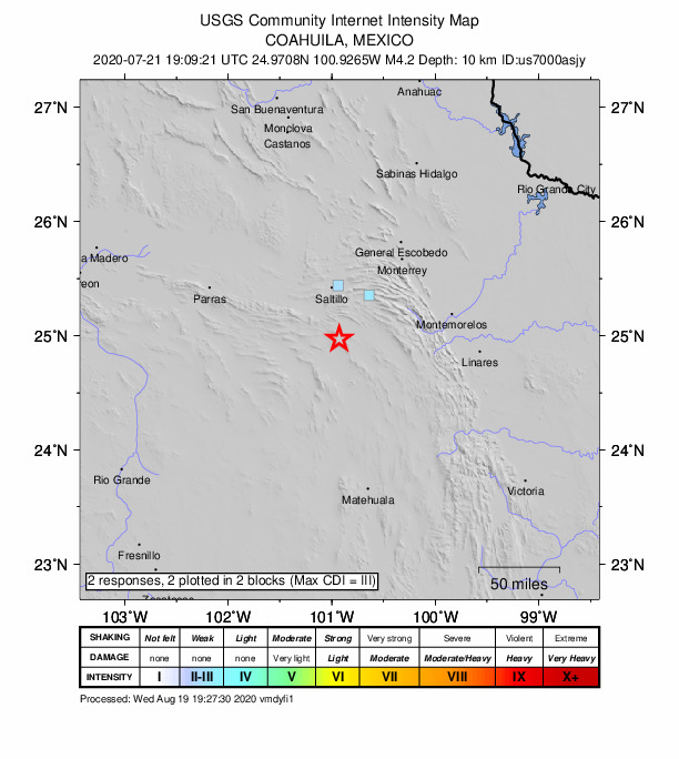 USGS DYFI community-reported intensity map for the M4.2 earthquake near 28 km SSW of Huachichil, Mexico