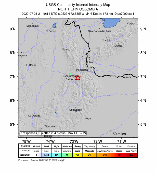 USGS DYFI community-reported intensity map for the M4.6 earthquake near 8 km NNE of Guaca, Colombia