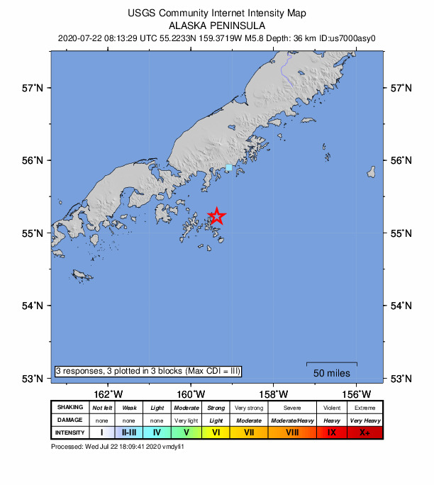 USGS DYFI community-reported intensity map for the M5.7 earthquake near 76 km ESE of Sand Point, Alaska