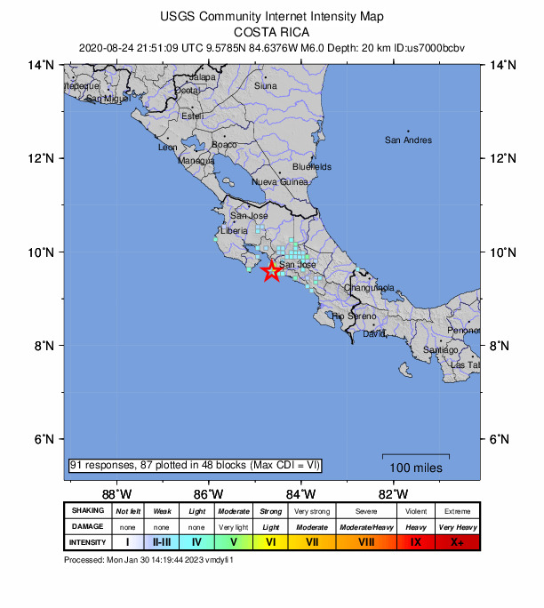USGS DYFI community-reported intensity map for the M6.0 earthquake near 4 km SSW of Jacó, Costa Rica