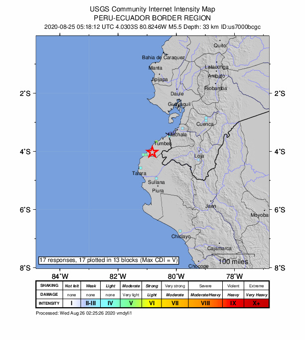 USGS DYFI community-reported intensity map for the M5.5 earthquake near 9 km WNW of Papayal, Peru