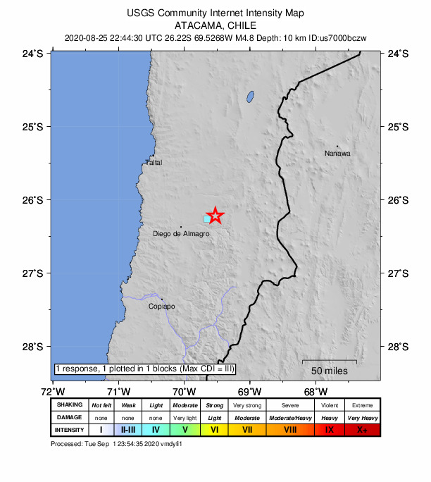 USGS DYFI community-reported intensity map for the M4.8 earthquake near 54 km ENE of Diego de Almagro, Chile