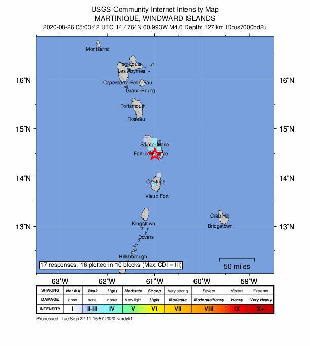 USGS DYFI community-reported intensity map for the M4.6 earthquake near 7 km W of Sainte-Luce, Martinique