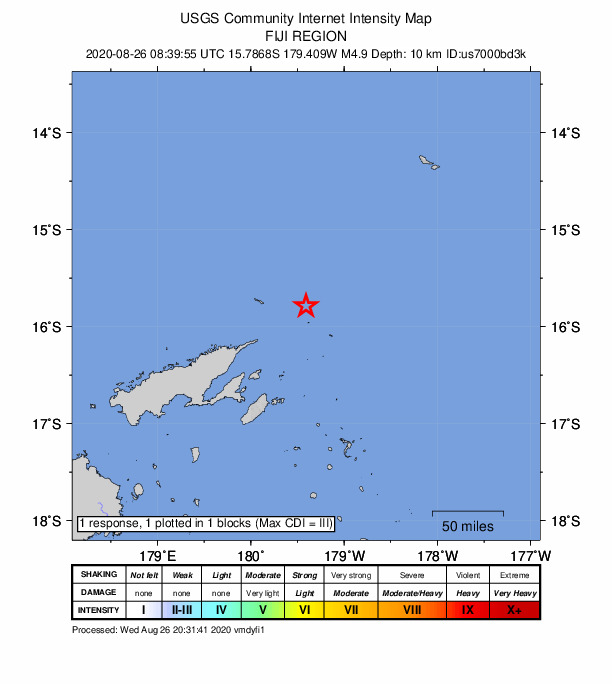 USGS DYFI community-reported intensity map for the M4.9 earthquake near 148 km ENE of Labasa, Fiji