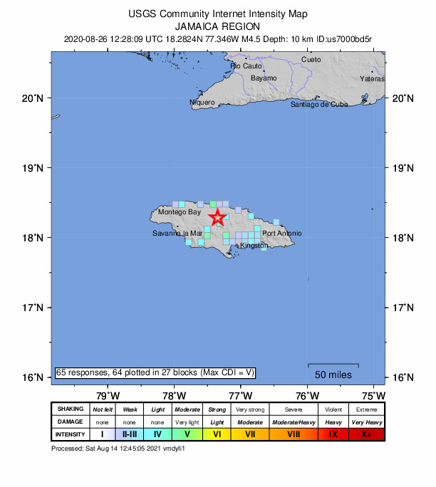 USGS DYFI community-reported intensity map for the M4.5 earthquake near Jamaica region