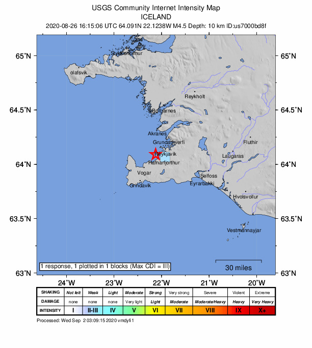 USGS DYFI community-reported intensity map for the M4.5 earthquake near 5 km W of Álftanes, Iceland