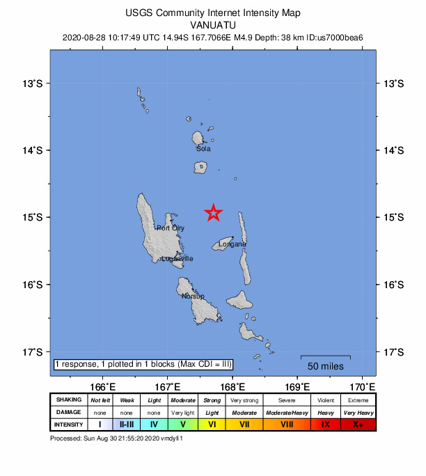 USGS DYFI community-reported intensity map for the M4.9 earthquake near 82 km ENE of Port-Olry, Vanuatu