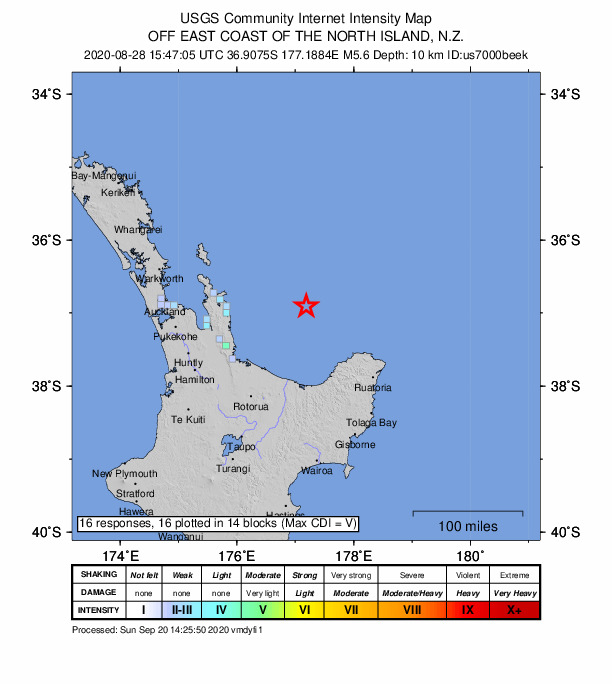 USGS DYFI community-reported intensity map for the M5.6 earthquake near 116 km NE of Maketu, New Zealand