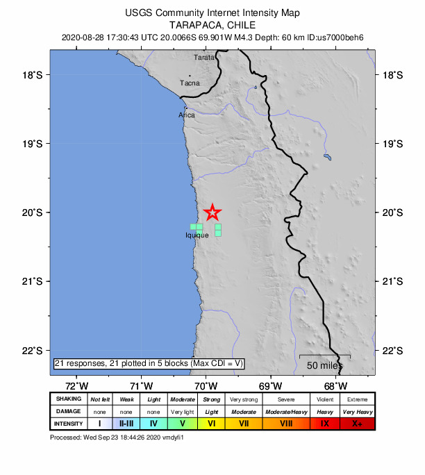 USGS DYFI community-reported intensity map for the M4.3 earthquake near 34 km NE of Iquique, Chile