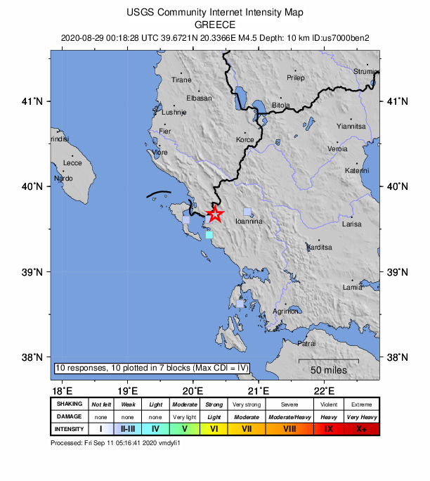 USGS DYFI community-reported intensity map for the M4.7 earthquake near 8 km NNE of Filiátes, Greece
