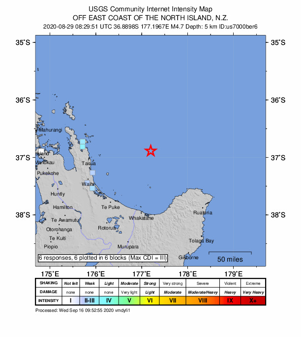 USGS DYFI community-reported intensity map for the M4.7 earthquake near 117 km NE of Maketu, New Zealand